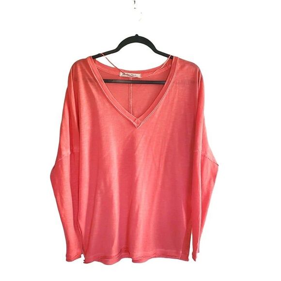 Free People Womens Top Coral XS Oversized Long Sleeve V-Neck Lightweight Shirt - Picture 8 of 8